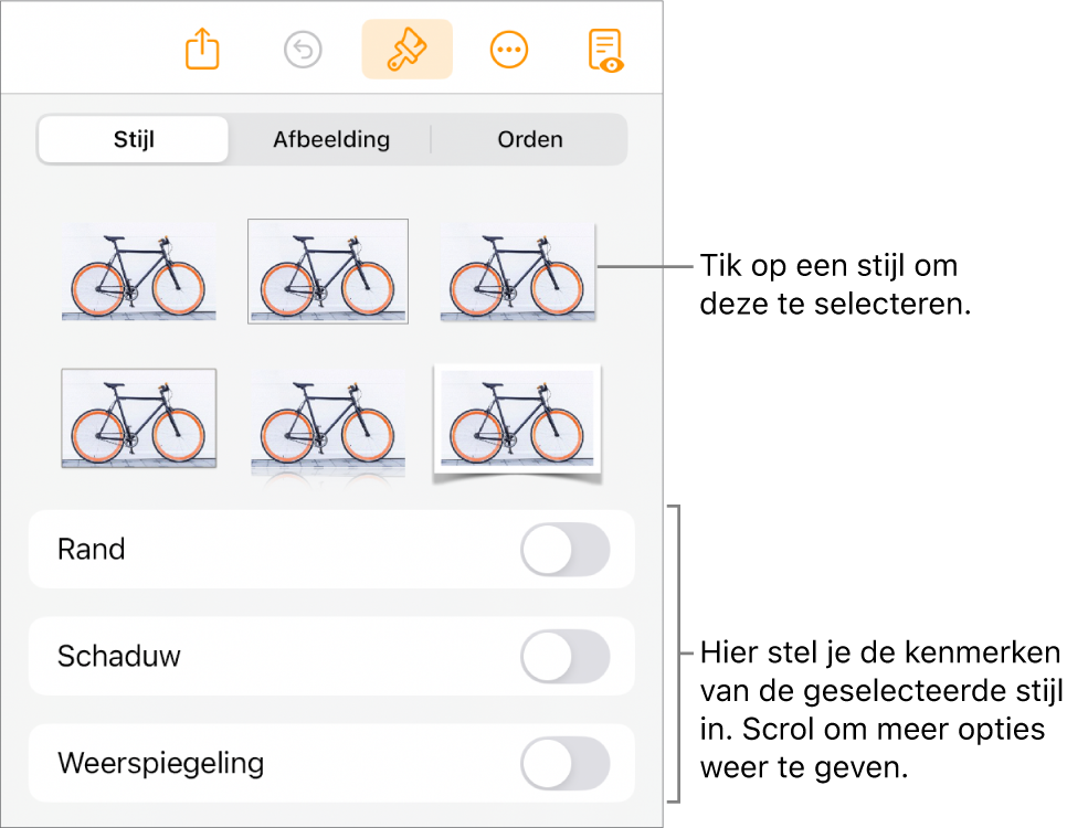 Het tabblad 'Stijl' in het opmaakmenu met bovenaan objectstijlen en eronder regelaars voor het wijzigen van de rand, schaduw, weerspiegeling en ondoorzichtigheid.