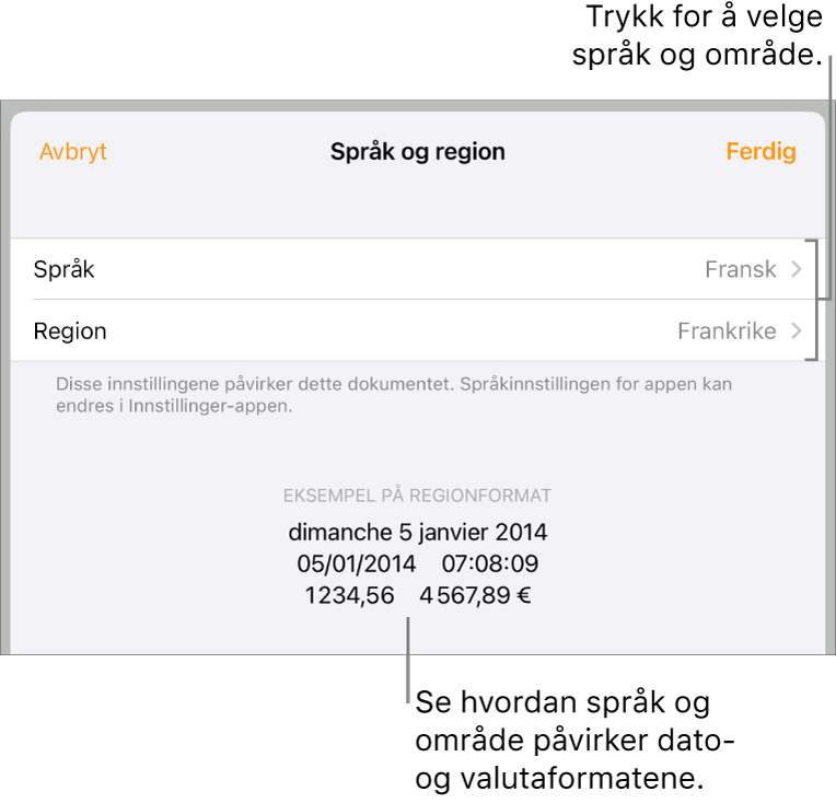 Språk og område-panelet med kontroller for språk og område, og et formateksempel med dato, klokkeslett, desimaler og valuta.