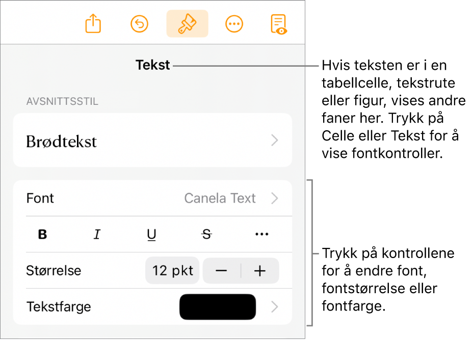 Tekstkontroller i Format-menyen for å angi avsnitts- og tegnstiler, font, størrelse og farge.