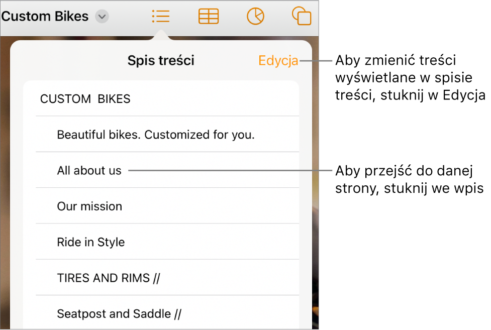 Widok spisu treści zawierający listę pozycji. W prawym górnym rogu okna widoczny jest przycisk Edycja.