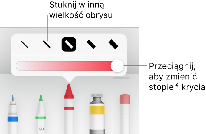 Narzędzia do ustawiania grubości kreski oraz suwak do ustawiania stopnia krycia.