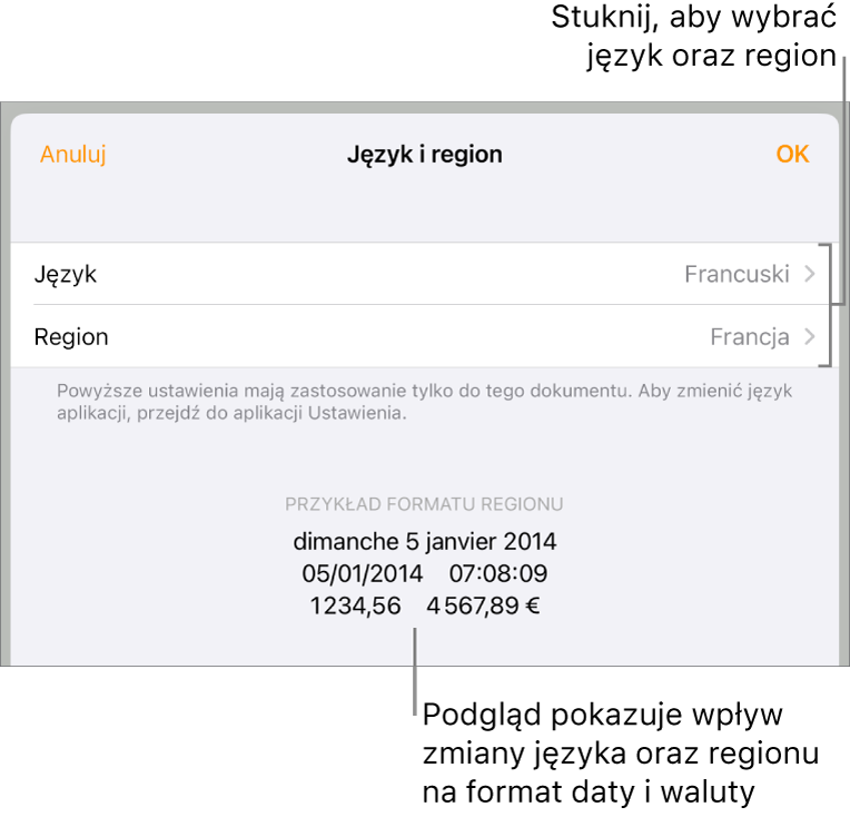 Panel Język i region z narzędziami do ustawień języka i regionu, a także przykład formatu zawierający datę, czas, liczbę dziesiętną oraz walutę.