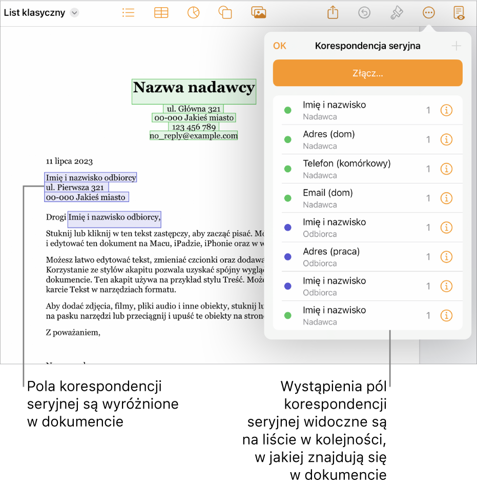 Dokument Pages z polami korespondencji seryjnej przeznaczonymi na dane odbiorcy i nadawcy. Na pasku bocznym Dokument widoczna jest lista wystąpień pól korespondencji seryjnej.