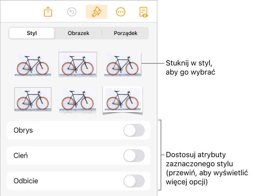 Karta Styl w menu Format, zawierająca na górze style obiektów, a poniżej narzędzia pozwalające na zmienianie obrysu, cienia, odbicia i krycia.