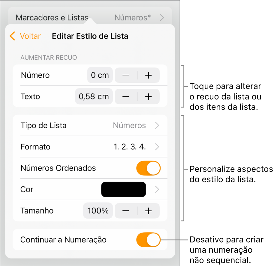 Menu “Editar Estilo de Lista” com controles para espacejamento de recuo, formato e tipo de lista, alinhamento de números, cor e tamanho da lista e numeração contínua.