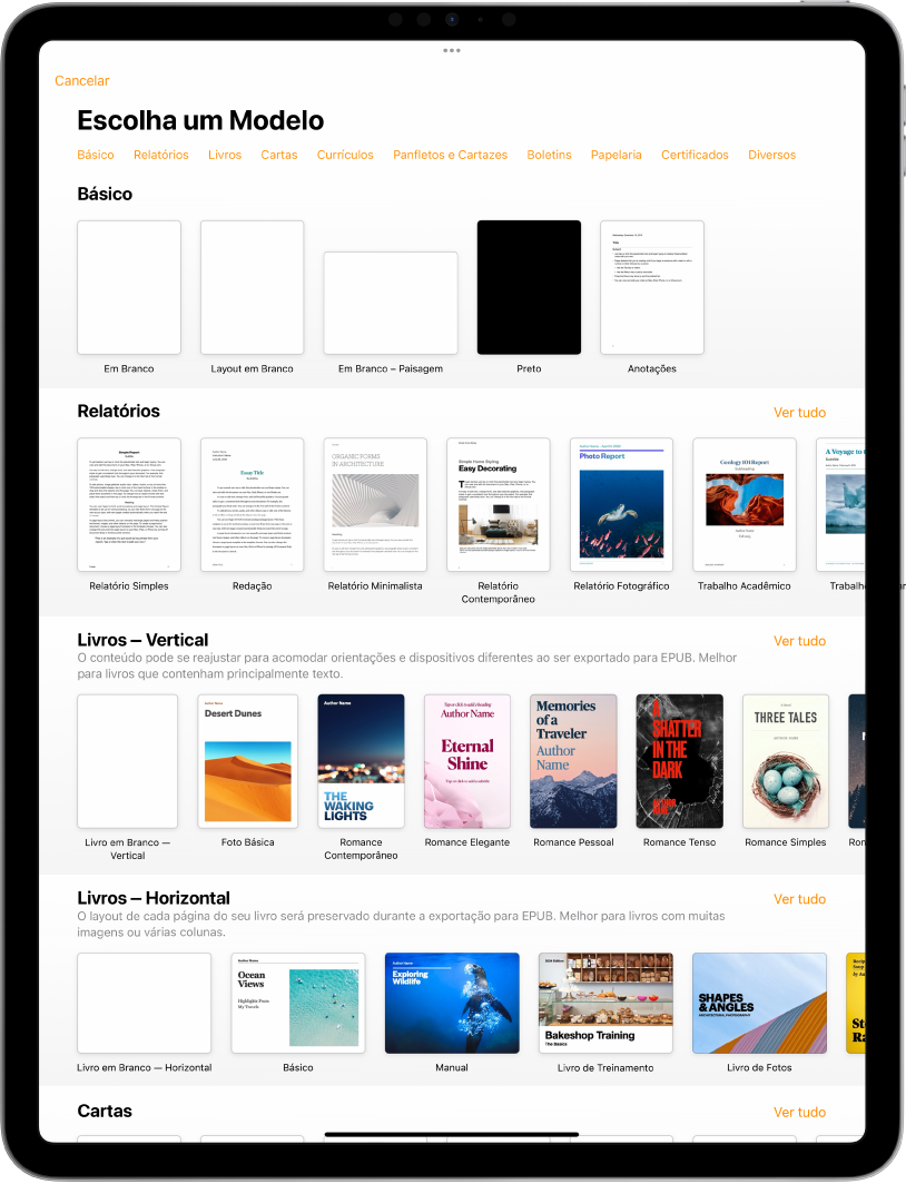 Seletor de modelos, mostrando uma linha de categorias na parte superior na qual você pode tocar para filtrar as opções. Abaixo estão miniaturas de modelos predefinidos organizadas em linhas por categoria, começando com Recentes na parte superior e seguidas por Básico e Relatórios. O botão Ver Tudo aparece acima e à direita de cada linha de categoria.