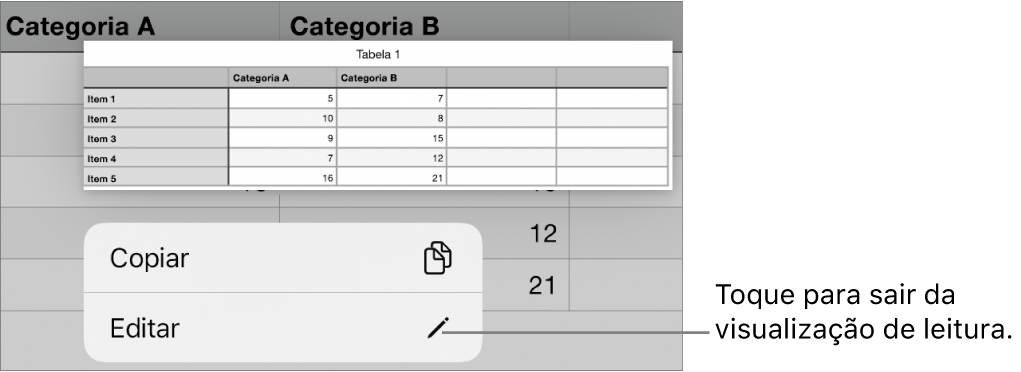 Uma célula de tabela está selecionada e acima dela está um menu com os botões Copiar e Editar.