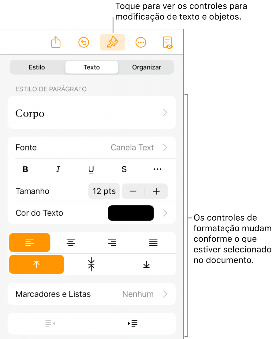 Controles de formatação abertos e mostrando controles para alterar o estilo de parágrafo, modificar fontes e formatar o espacejamento da fonte. Balões explicativos na parte superior apontam o botão Formatar na barra de ferramentas e, à sua direita, o botão Inserir para adicionar objetos à página.