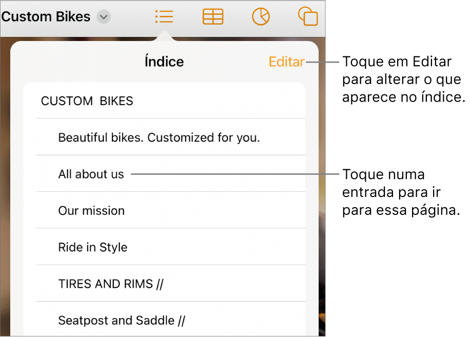 A vista de índice com entradas numa lista. O botão “Editar” encontra-se no canto superior direito da vista.