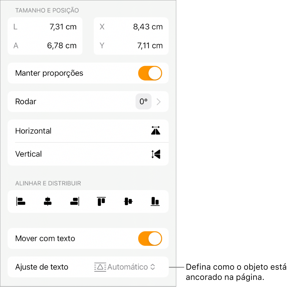 Os controlos de “Formatação” com o separador "Ordem” selecionado e os controlos para “Passar para a frente/para trás”, “Mover com texto” e “Ajuste de texto”.