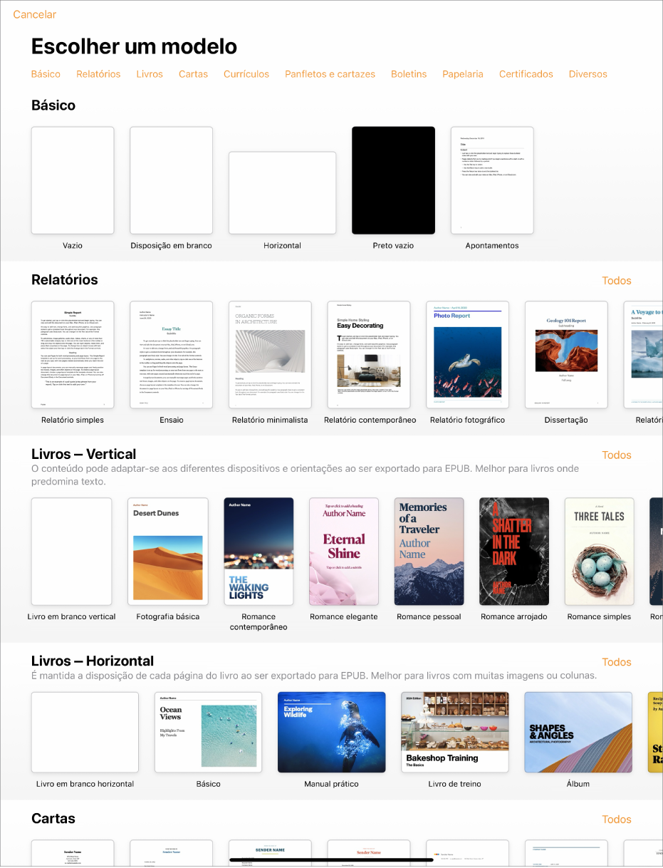A lista de modelos com uma linha de categorias visível na parte superior, na qual é possível tocar para filtrar as opções. Por baixo estão visíveis miniaturas de modelos preconcebidos organizados em linhas por categoria, que começam por “Recentes” na parte superior e “Básico” e “Relatórios” posteriormente. Surge um botão "Ver tudo” por cima e à direita de cada linha da categoria. O botão “Idioma e região” no canto superior direito.