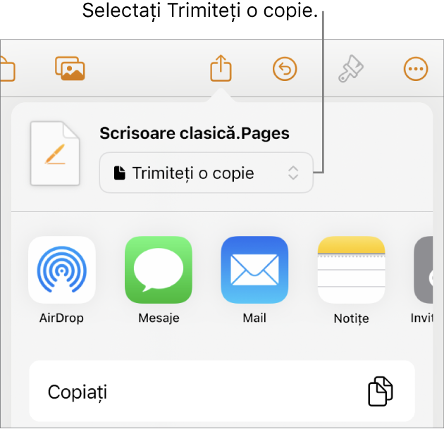 Meniul Partajează, cu opțiunea Trimite o copie selectată în partea de sus.