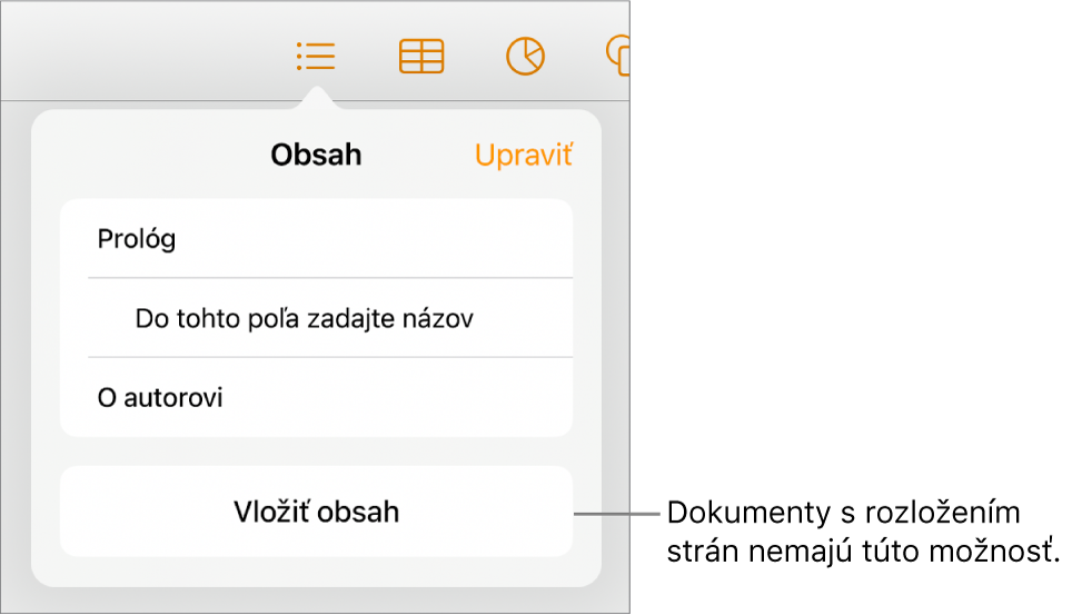 Zobrazenie obsahu s tlačidlom Upraviť v pravom hornom rohu, položkami obsahu a tlačidlom Vložiť obsah v dolnej časti.