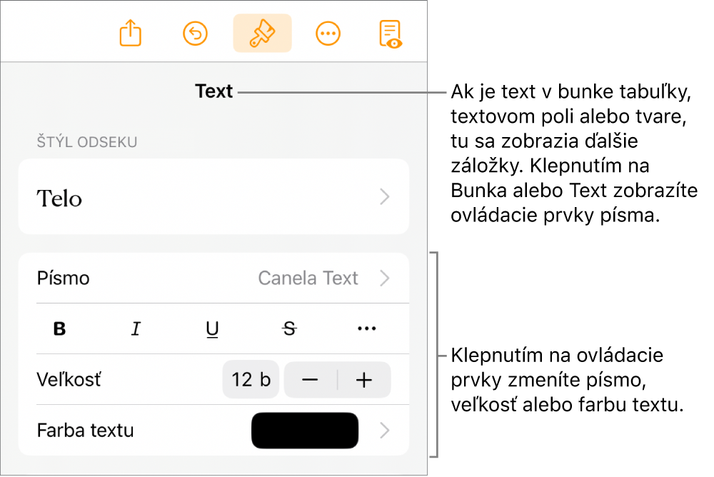 Ovládacie prvky textu v menu Formát pre nastavenie štýlov, písma, veľkosti a farby odsekov a znakov.