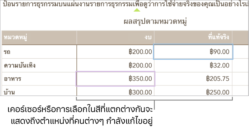 เคอร์เซอร์และการเลือกในสีที่แตกต่างกันแสดงถึงตำแหน่งที่แต่ละคนแก้ไขอยู่