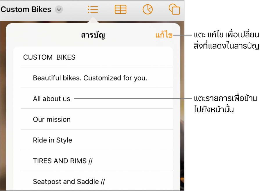 มุมมองสารบัญที่มีการป้อนในรูปแบบรายการ ปุ่มแก้ไขจะอยู่ที่มุมซ้ายบนสุดของมุมมอง