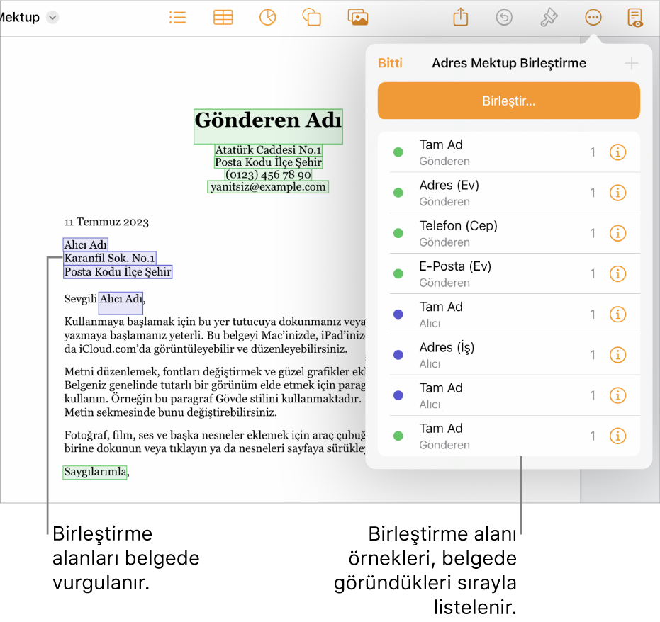 Alıcı ve gönderen birleştirme alanları ile Pages belgesi ve Belge kenar çubuğunda görünen birleştirme alanı örnekleri listesi.