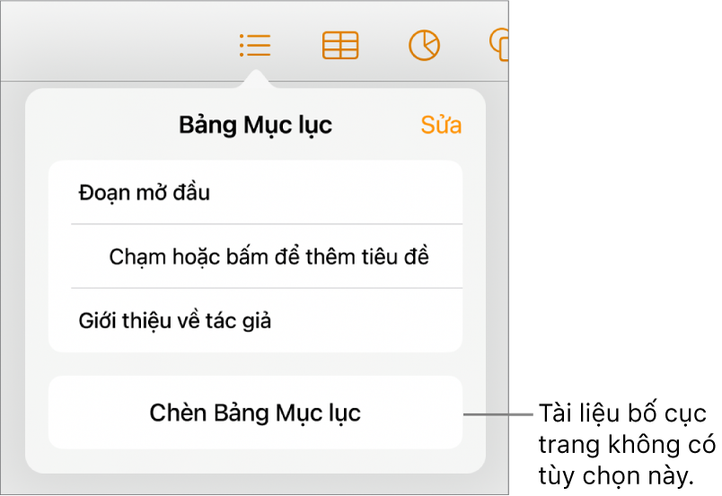 Chế độ xem bảng mục lục với nút Sửa ở góc trên cùng bên phải, các mục nhập BML và nút Chèn bảng mục lục ở dưới cùng.