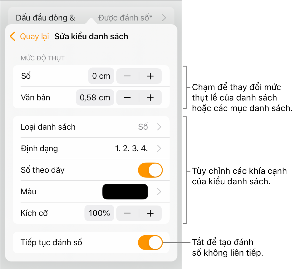 Menu Sửa kiểu danh sách với các điều khiển cho giãn cách thụt lề, kích cỡ và màu danh sách cũng như đánh số tiếp tục.