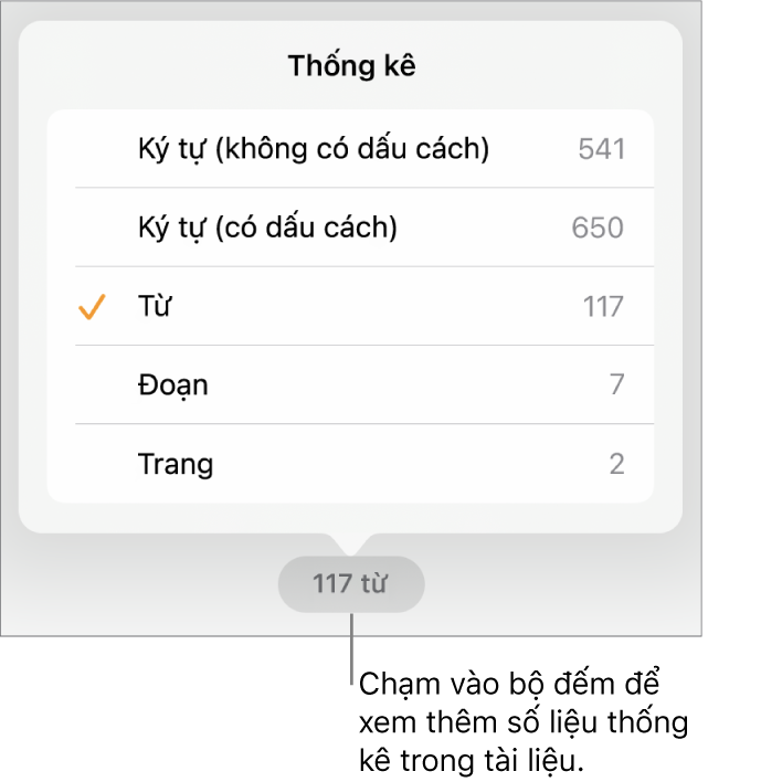 Bộ đếm từ với menu đang hiển thị các tùy chọn để hiển thị số lượng ký tự có và không có dấu cách, số từ, số đoạn và số trang.