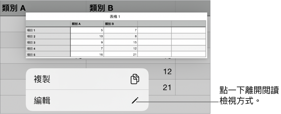 已選擇表格輸入格，其上方是包含「複製」和「編輯」按鈕的選單。