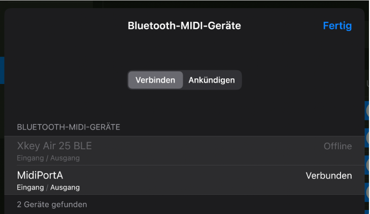 Verbindungsstatus von Bluetooth-Geräten.