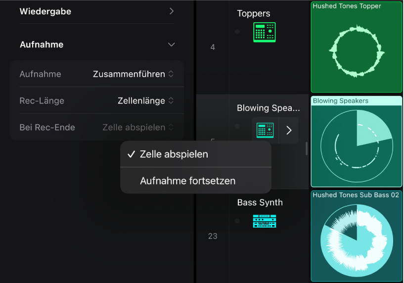 Abbildung. Das Einblendmenü „Bei Rec-Ende“ im Informationsfenster „Zelle“