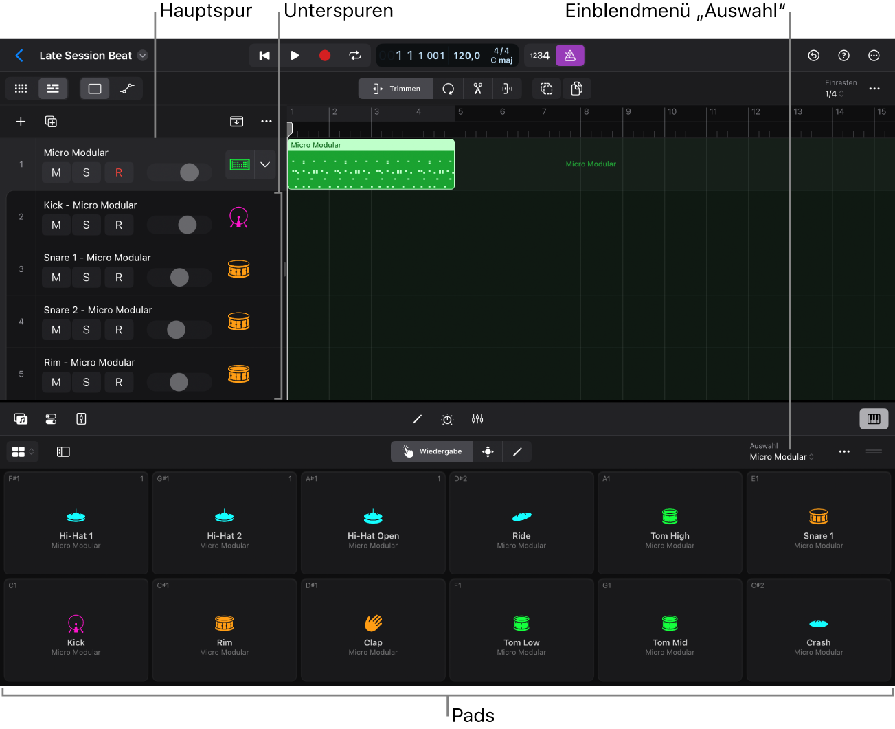 Ein erweiterter Track Stack und die Spieloberfläche von Drum Machine Designer.