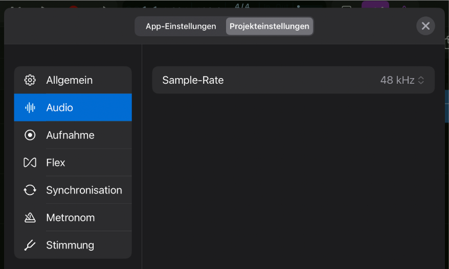 Der Projekteinstellungsbereich „Audio“.