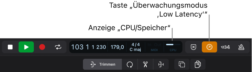 Abbildung. Die CPU-Anzeige und die Taste „Low Latency Monitoring“.