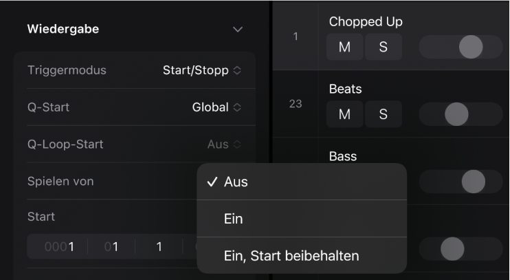 Abbildung. Das Einblendmenü „Loop-Start quantisieren“ im Informationsfenster „Zelle“.