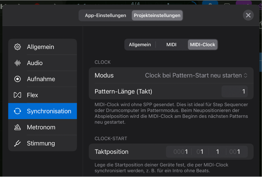 Der Projekteinstellungsbereich „MIDI-Clock-Synchronisation“.