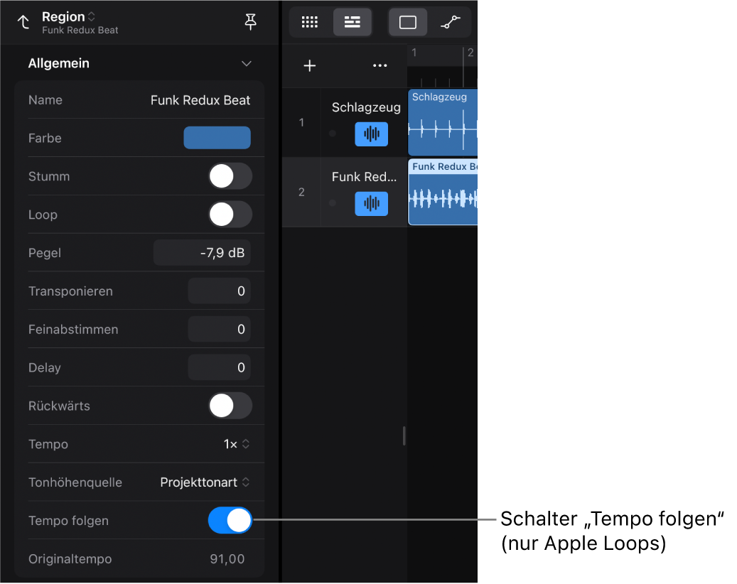 Abbildung. Das Informationsfenster „Region“ zeigt den Schalter „Tempo folgen“ für Apple Loops für Audio.