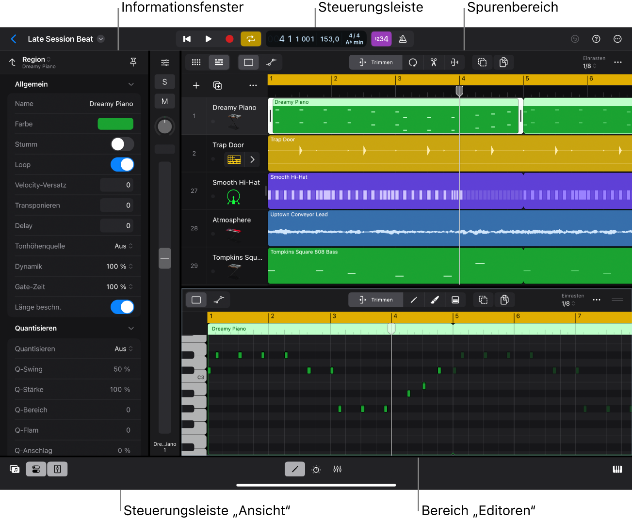 Abbildung. Logic Pro-Oberfläche mit dem Bereich „Spuren“, einem Informationsfenster und dem Pianorolleneditor.