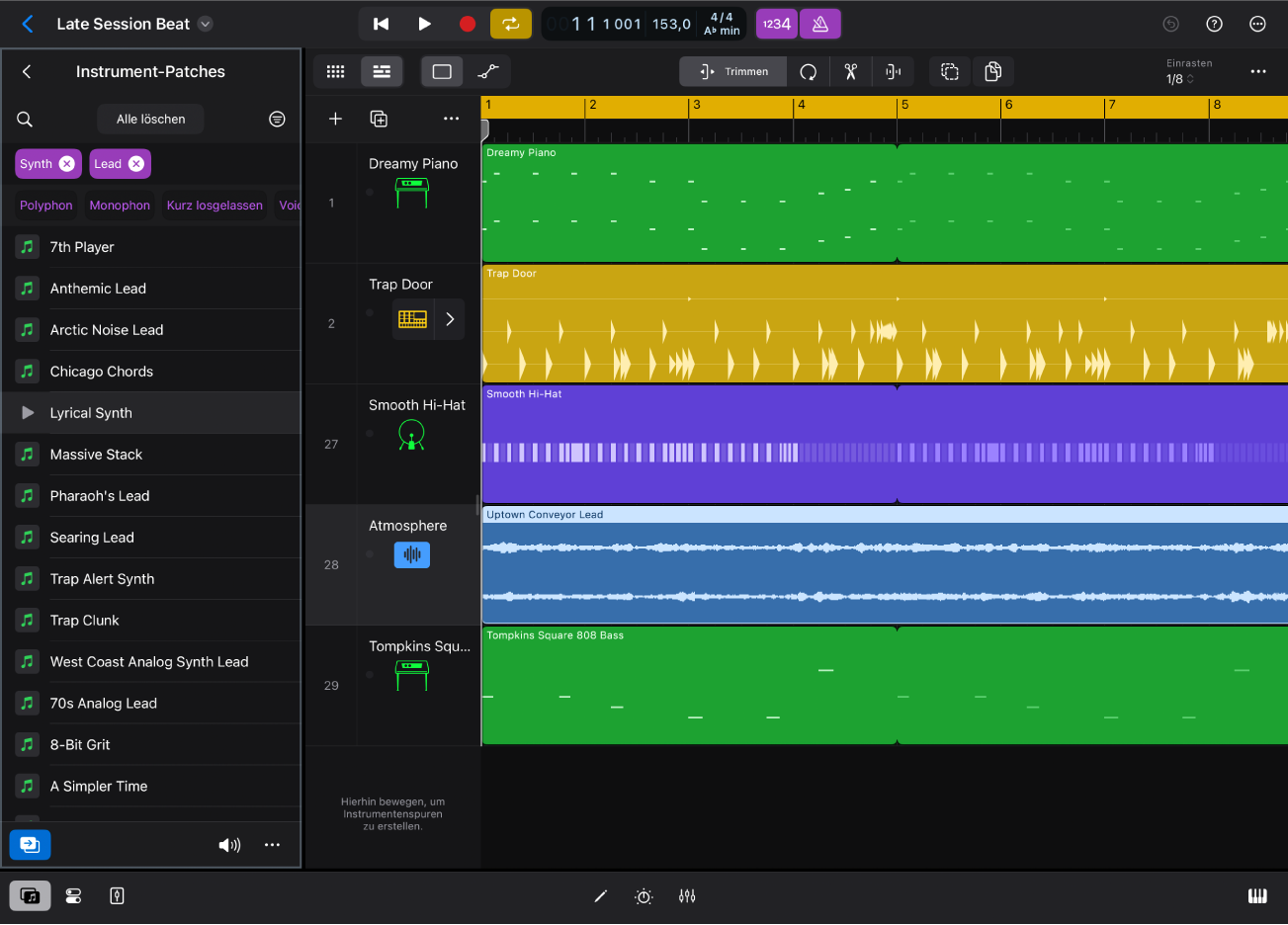 Abbildung. Logic Pro für iPad mit der Ansicht „Instrument-Patches“ im Browser.