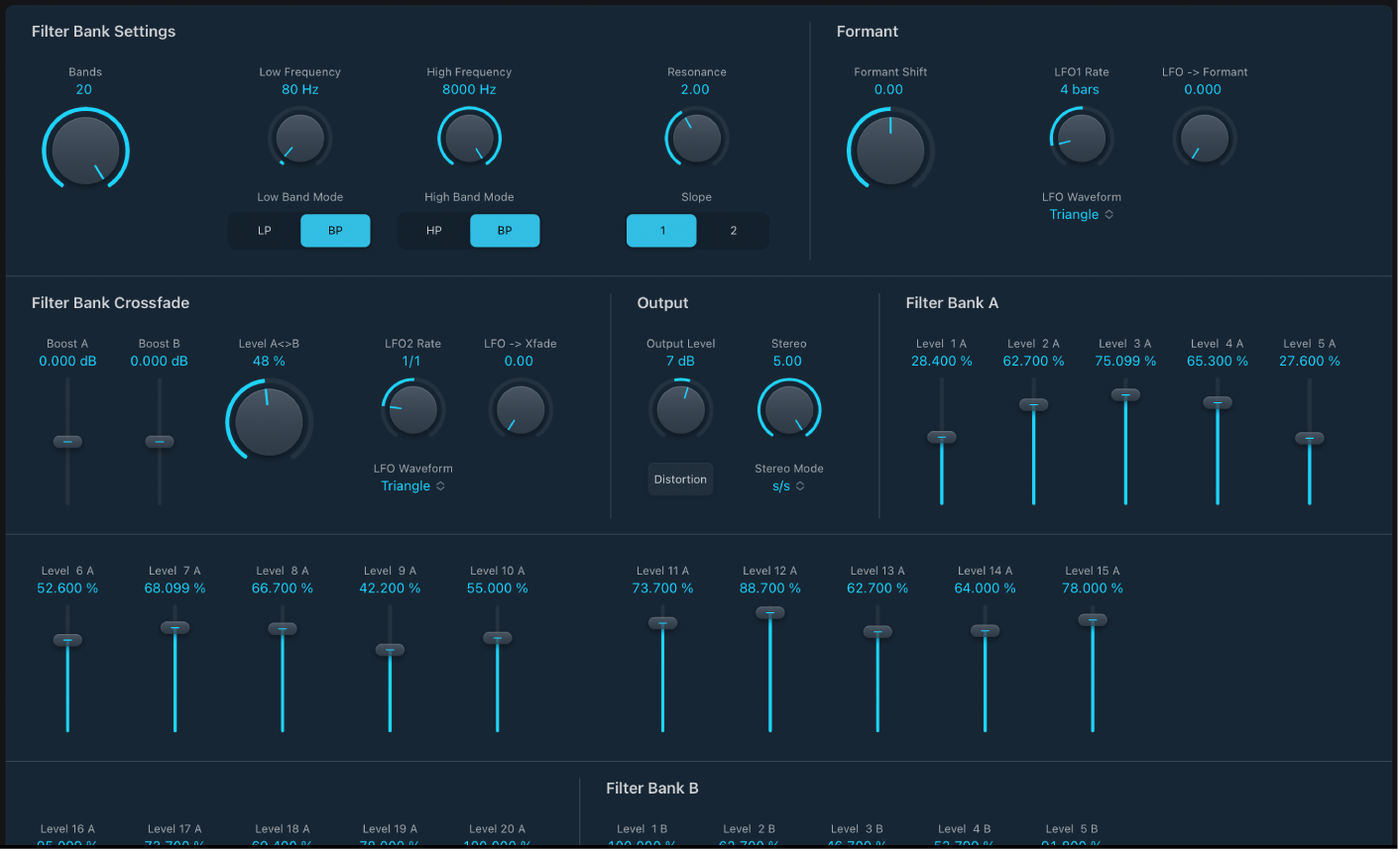 Figure. EVOC20 Filterbank window, showing main interface areas.