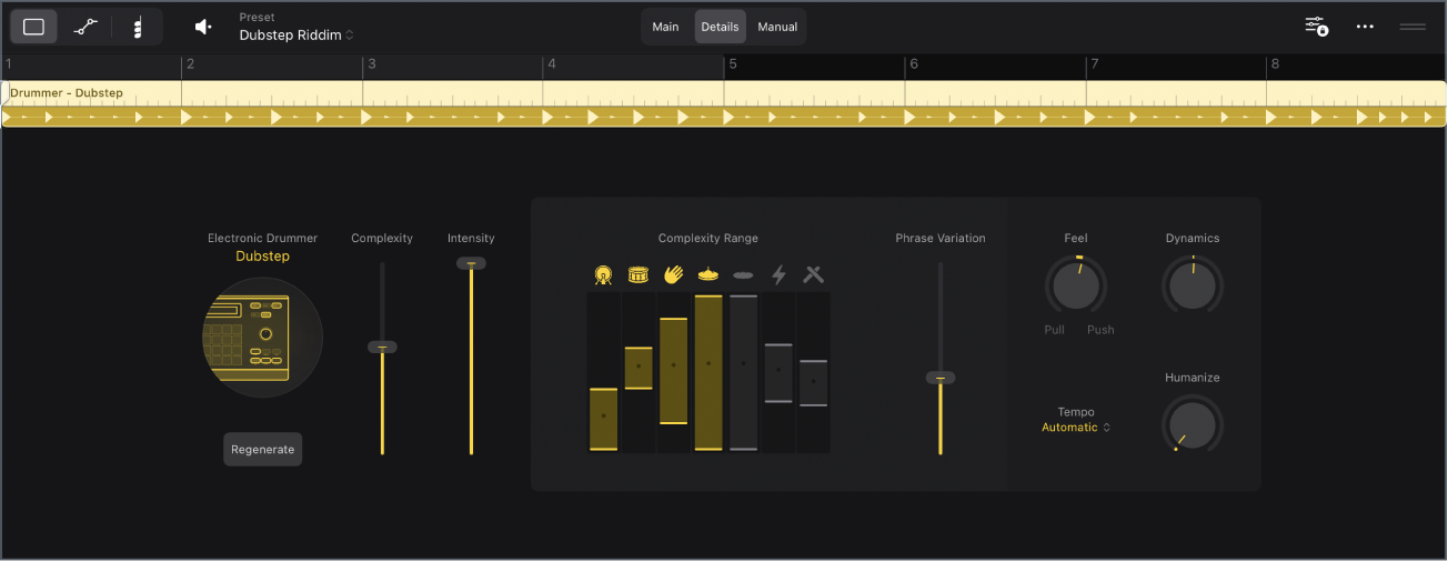 Figure. The Session Player Editor showing the Details view of the electronic Drummer.