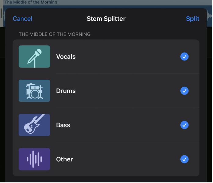 Figure. Stem Splitter dialog showing selected stems.