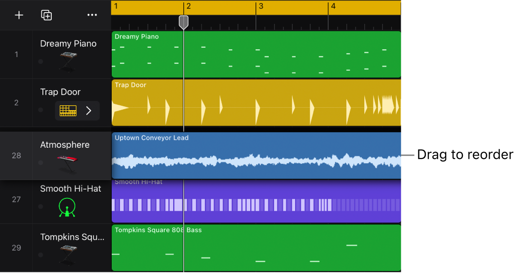 Figure. Tracks area showing audio track being dragged over instrument track.