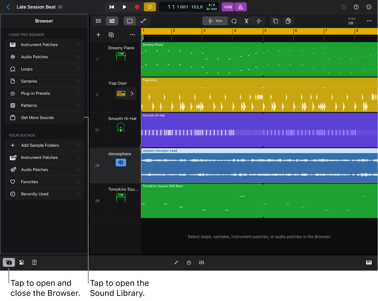 Figure. The Browser in Logic Pro for iPad.