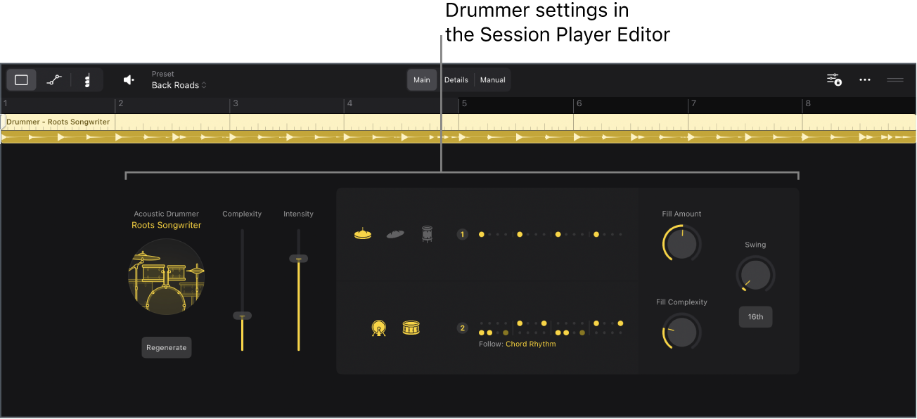 Figure. The Session Player Editor with Drummer settings.