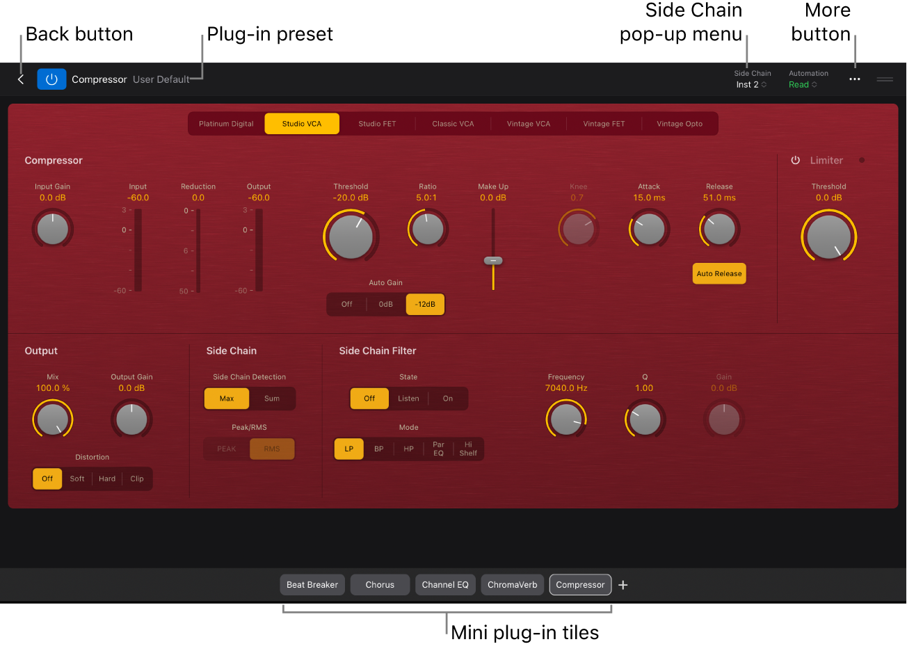 Figure. Compressor plug-in open in Details view, showing the Back button, plug-in preset menu, Side Chain pop-up menu, and mini plug-in tiles.