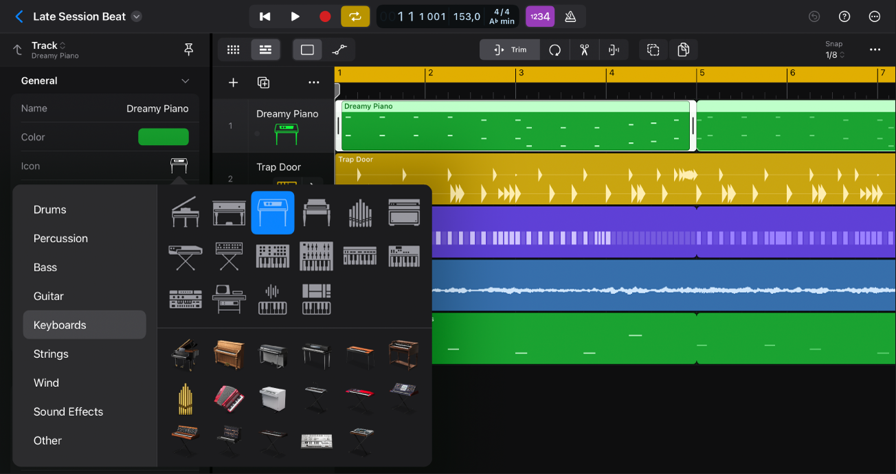 Figure. Inspector open showing track icon menu with selected track in the Tracks area.