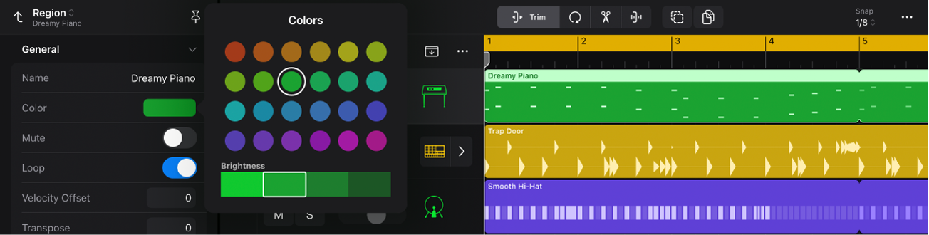 Region selected and inspector open, with Colors palette open.