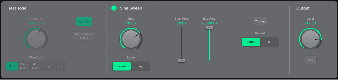 Figure. Test Oscillator window, highlighting Sine Sweep parameters.