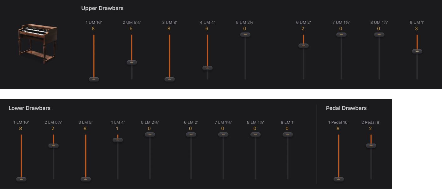 Figure. Vintage B3 Drawbar controls.