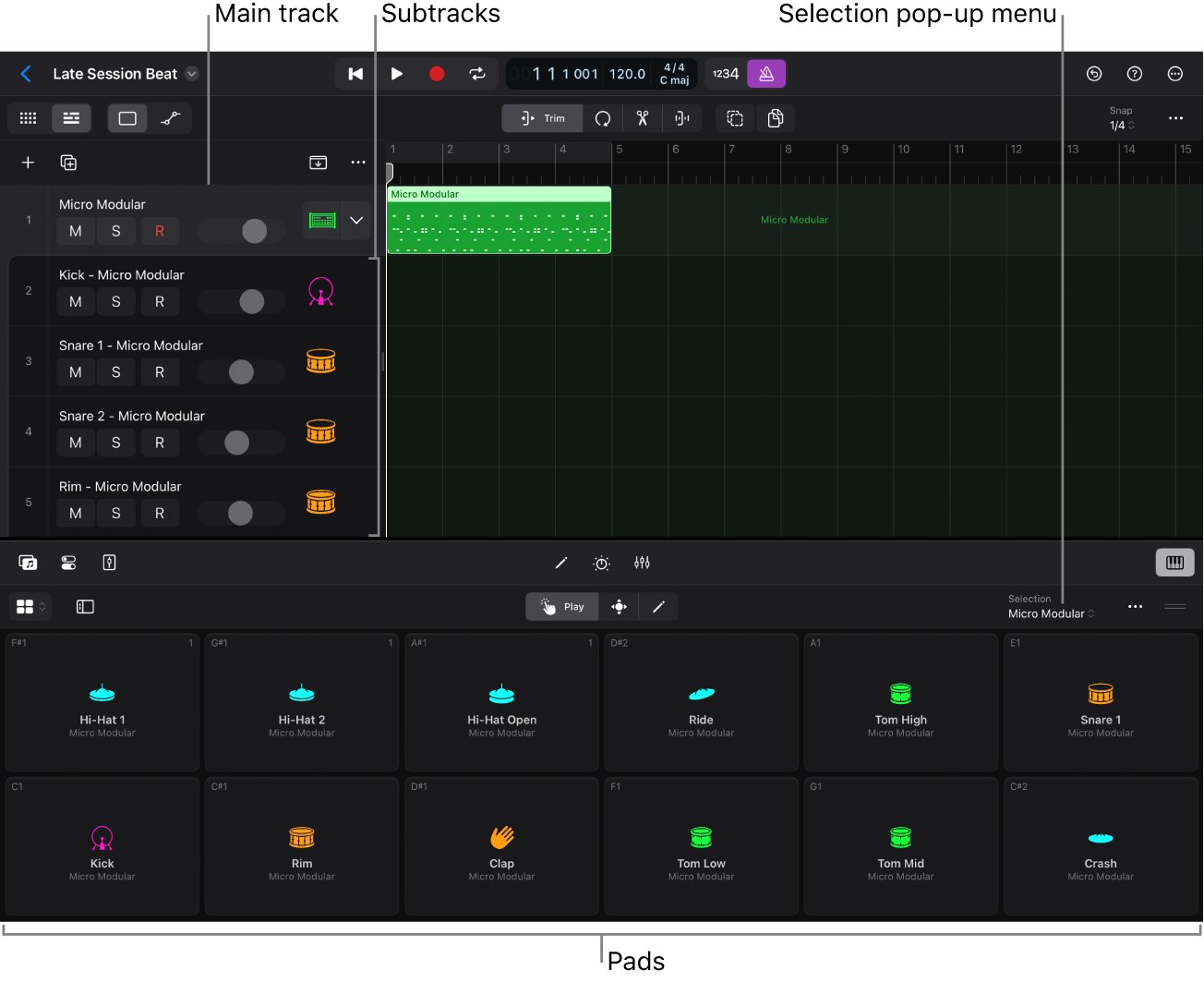 An expanded track stack and the Drum Machine Designer Play Surface.