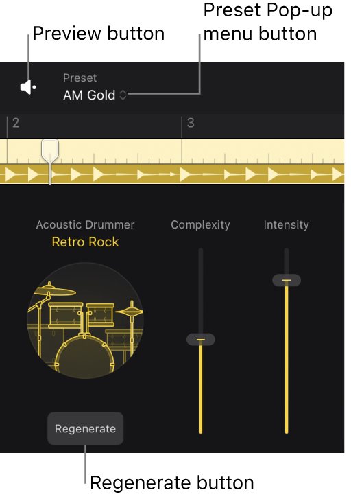 Figure. The Preview button, the Preset Pop-up menu button, and the Regenerate button in the Session Player Editor.