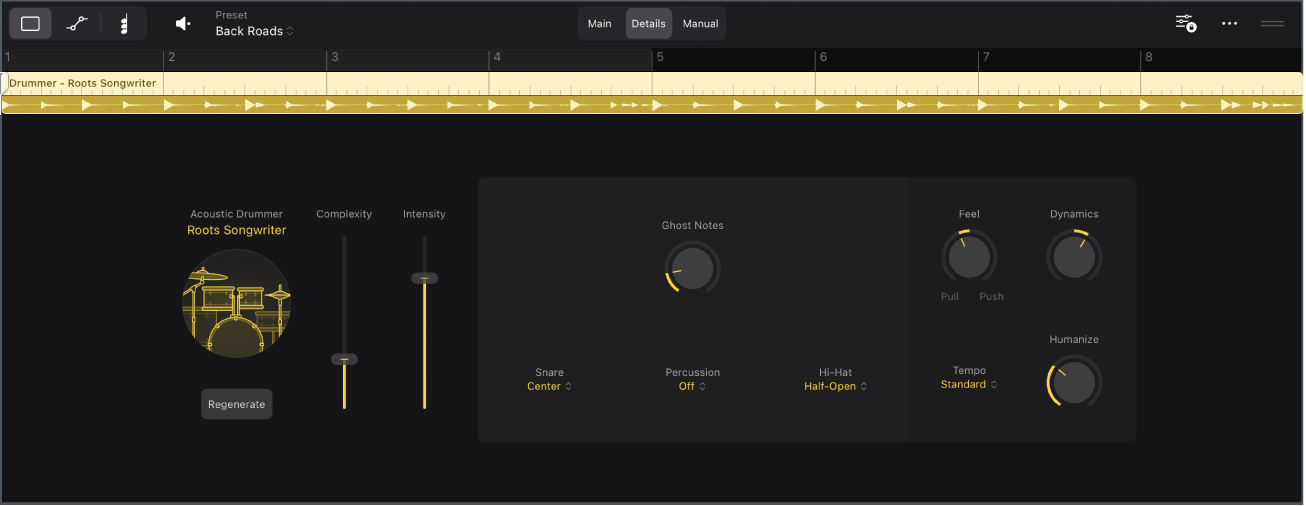 Figure. The Session Player Editor showing the Details view of the acoustic Drummer.