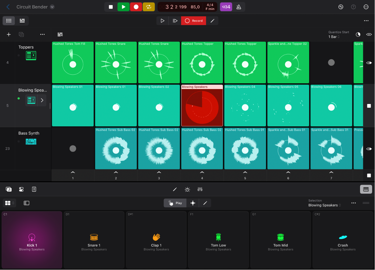 Figure. Drum Pads being used to record to a cell.